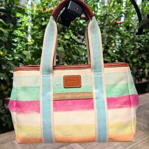 Coach, Hamptons Watercolor Canvas Mini Tote Bag, Multicolor Stripe, Leather Trim